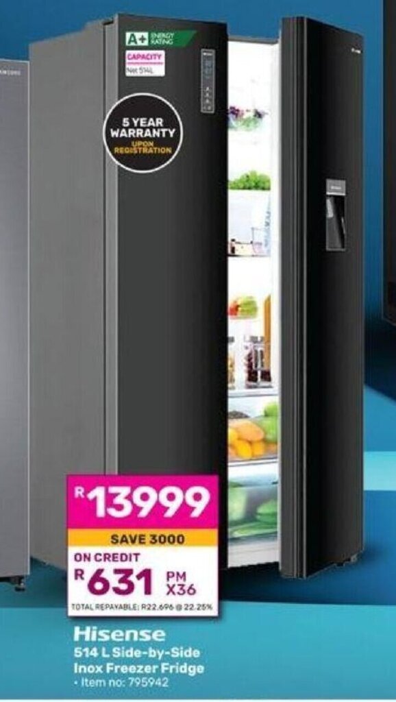 Hisense 514 L SidebySide Inox Freezer Fridge offer at Game