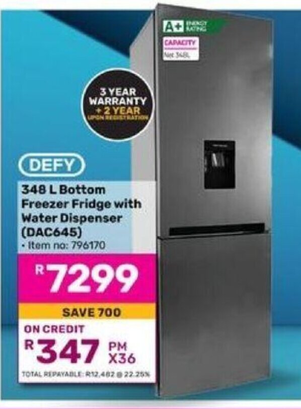 DEFY 348 L Bottom Freezer Fridge with Water Dispenser offer at Game