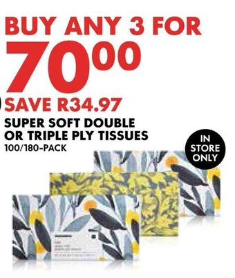 Woolworths SUPER SOFT DOUBLE OR TRIPLE PLY TISSUES 100/180-PACK offer