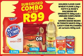 Usave GOLDEN CLOUD CAKE WHEAT FLOUR 2.5kg + FATTI'S & MONI'S MACARONI OR SPAGHETTI 500g+UBRAND SUNFLOWER OIL 750ml offer