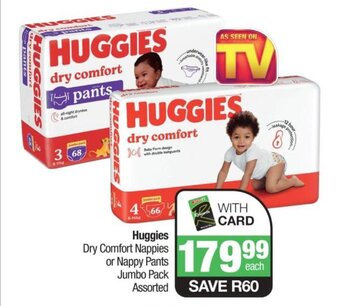 Spar Huggies Dry Comfort Nappies or Nappy Pants Jumbo Pack Assorted offer
