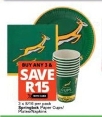 Checkers 3x 8/16 per pack Springbok Paper Cups/ Plates/Napkins offer