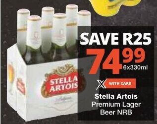 Checkers Stella Artois Premium Lager Beer NRB 6x330ml offer