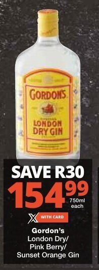 Checkers Gordon's London Dry/ Pink Berry/ Sunset Orange Gin 750ml offer