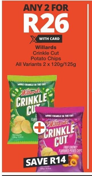 Checkers Willards Crinkle Cut Potato Chips All Variants 2 x 120g/125g offer