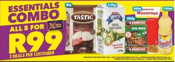Shoprite SUPER WHITE SUPER MAIZE MEAL 2,5kg + TASTIC LONG GRAIN PARBOILED RICE 2kg +RITE BRAND MACARONUSPAGHETTI +KNORROX SOYA MINCE offer