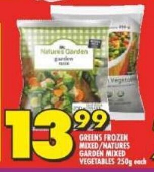 Shoprite GREENS FROZEN MIXED/NATURES GARDEN MIXED VEGETABLES 250g offer