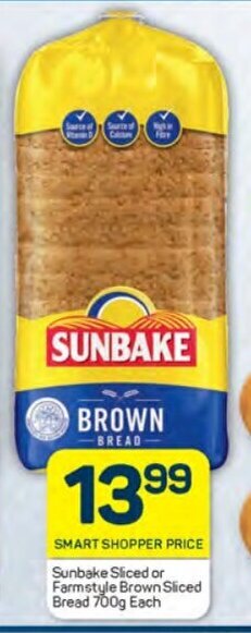 Pick n Pay Sunbake Sliced or Farmstyle Brown Sliced Bread 700g Each offer