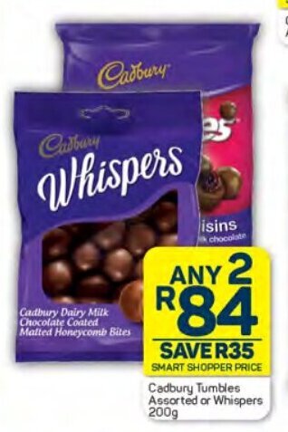 Pick n Pay Cadbury Tumbles Assorted or Whispers 200g offer