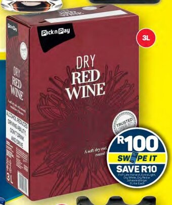 Pick n Pay PnP Late Harvest, Extra Light, Dry White, Dry Red or Johannesberger 3L offer