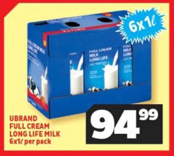 Usave UBRAND FULL CREAM LONG LIFE MILK 6x1L per pack offer