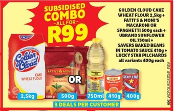 Usave GOLDEN CLOUD CAKE WHEAT FLOUR +FATTI'S & MONI'S MACARONI OR SPAGHETTI +SUNFLOWER OIL + BAKED BEANS IN TOMATO SAUCE offer