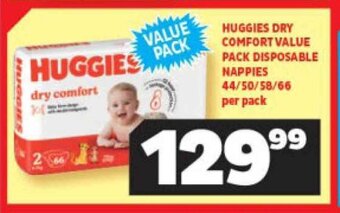 Usave HUGGIES DRY COMFORT VALUE PACK DISPOSABLE NAPPIES 44/50/58/66 per pack offer