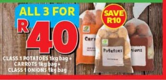 Usave CLASS 1 POTATOES 1kg bag CARROTS 1kg bag + CLASS 1 ONIONS 1kg bag offer