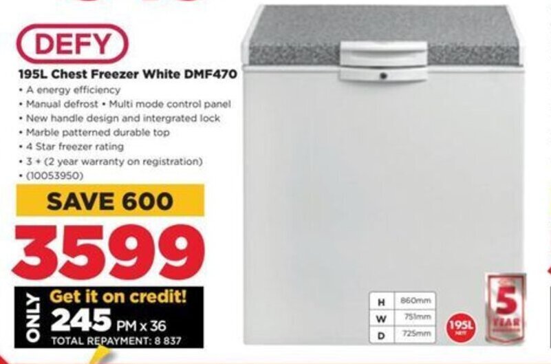 DEFY 195L Chest Freezer White DMF470 offer at HiFi Corp