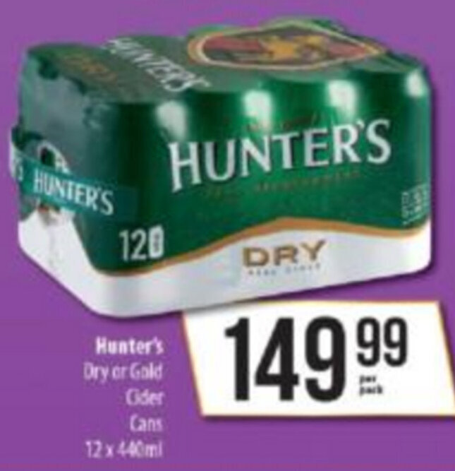 Hunter's Dry or Gold Cider Cans 12x440ml offer at Spar Tops