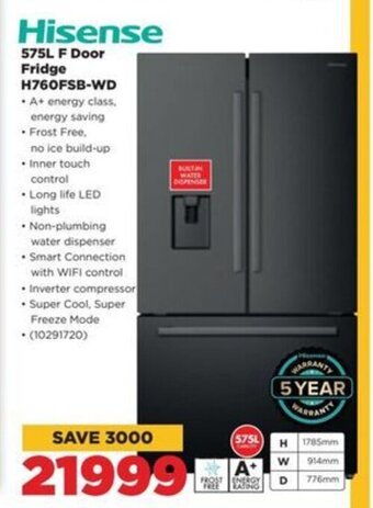 HiFi Corp Hisense 575L F Door Fridge H760FSB-WD offer