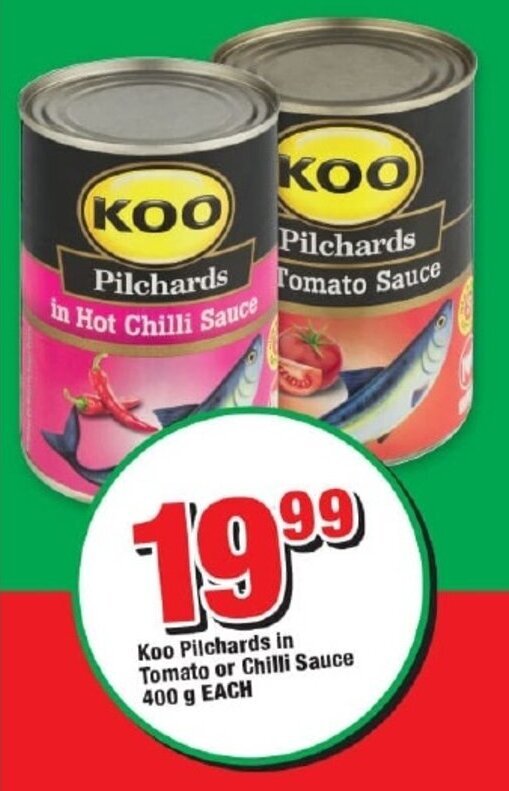 Koo Pilchards in Tomato or Chilli Sauce 400g EACH offer at OK Foods