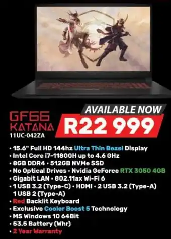 Computer Mania MSI GF 66 Katana 11UC-04ZA offer