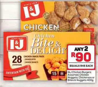 Pick n Pay I&J Chicken Burgers Assorted, Chicken Nuggets, Chickeroos or Bites & Nuggets 400g offer