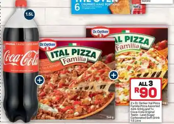 Pick n Pay Dr. Oetker Ital Pizza Familia Pizza Assorted 424-544g and 1x Coca-Cola Original Taste-Less Sugar Carbonated Soft Drink 1,5 Li offer