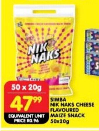 Shoprite SIMBA NIK NAKS CHEESE FLAVOURED EQUIVALENT UNIT MAIZE SNACK 50x20g offer