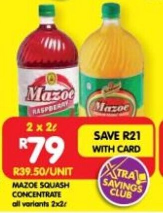 Shoprite MAZOE SQUASH CONCENTRATE all variants 2x2L offer