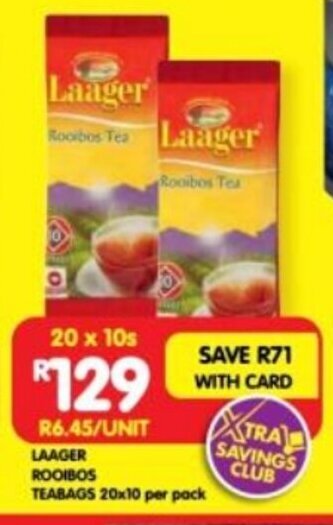 Shoprite LAAGER ROOIBOS TEABAGS 20x10 per pack offer