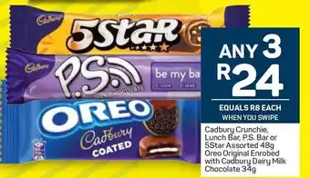 Pick n Pay Cadbury Crunchie, Lunch Bar, P.S. Bar or 5 Star Assorted 48g Oreo Original Enrobed with Cadbury Dairy Milk Chocolate 34g offer