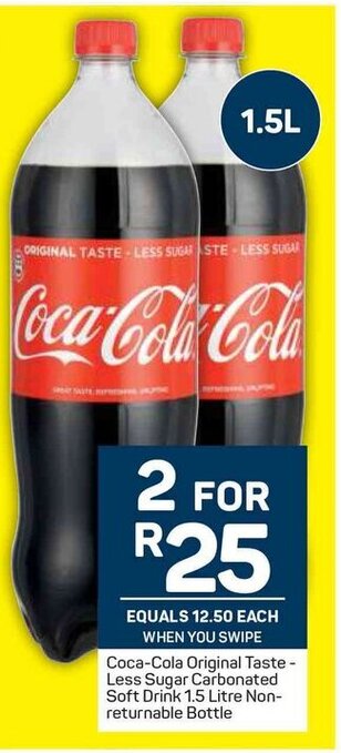 Pick n Pay Coca-Cola Original Taste-Less Sugar Carbonated Soft Drink 1.5 Litre Non-returnable Bottle offer