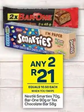 Pick n Pay Nestlé Smarties 70g, Bar-One 90g or Tex Chocolate Bar 58g offer