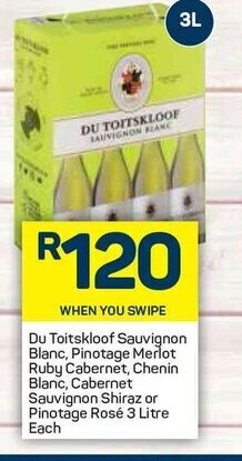 Pick n Pay Du Toitskloof Sauvignon Blanc, Pinotage Merlot Ruby Cabernet, Chenin Blanc, Cabernet Sauvignon Shiraz or Pinotage Rosé 3L offer