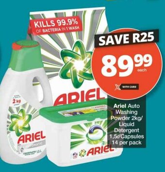 Checkers Ariel Auto Washing Powder 2kg/ Liquid Detergent 1,5/Capsules 3 14 per pack offer