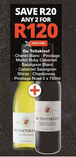 Checkers Du Toitskloof Chenin Blanc Pinotage Merlot Ruby Cabernet Sauvignon Blanc Cabernet Sauvignon Pinotage Rosé 2 x 750ml offer