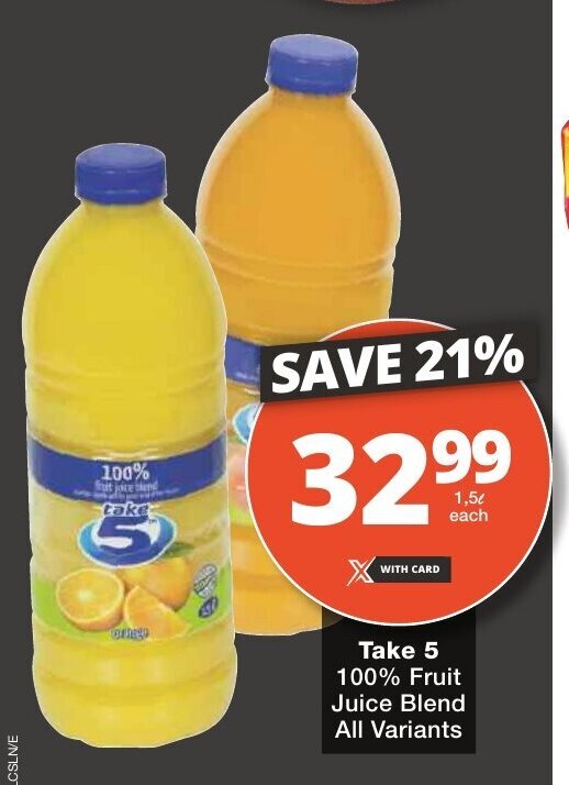 Take 5 100 Fruit Juice Blend All Variants offer at Checkers