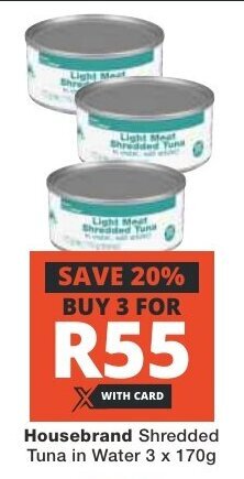 Checkers Housebrand Shredded Tuna in Water 3 x 170g offer