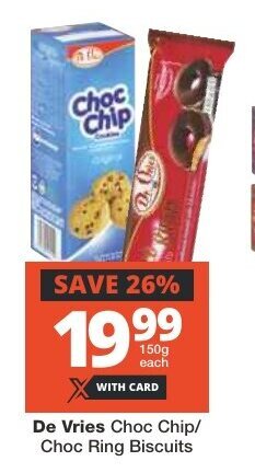 Checkers De Vries Choc Chip/ Choc Ring Biscuits offer