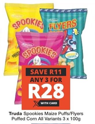 Checkers Truda Spookies Maize Puffs/Flyers Puffed Corn All Variants 3 x 100g offer