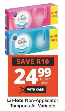 Checkers Lil-lets Non-Applicator Tampons All Variants offer