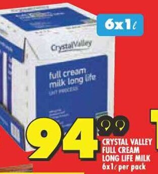 Shoprite CRYSTAL VALLEY FULL CREAM LONG LIFE MILK 6x1L per pack offer