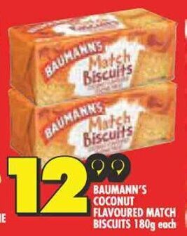 Shoprite BAUMANN'S COCONUT FLAVOURED MATCH BISCUITS 180g each offer
