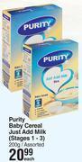 Dis-Chem Purity baby cereal just add milk stages 1-3 assorted-200g each offer