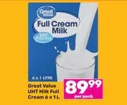 Great value uht milk full cream-6 x 1l per pack