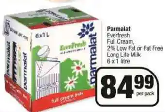 Spar Parmalat Everfresh Full Cream, 2% Low Fat or Fat Free Long Life Milk 6x1 Litre offer