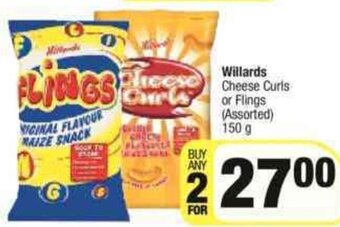 Spar Willards Cheese Curls or Flings 150g offer
