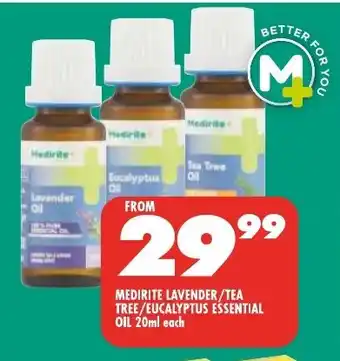 Shoprite MEDIRITE LAVENDER/TEA TREE/EUCALYPTUS ESSENTIAL OIL 20ml each offer