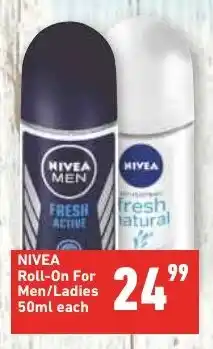 Shoprite NIVEA Roll-On For Men/Ladies 50ml each offer