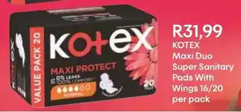 Shoprite KOTEX Maxi Duo Super Sanitary Pads With Wings 16/20 per pack offer