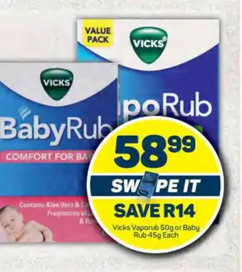 Pick n Pay Vicks Vaporub 50g or Baby Rub 45g Each offer