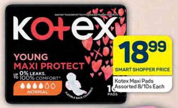 Kotex Maxi Pads Assorted 8/10s Each offer at Pick n Pay